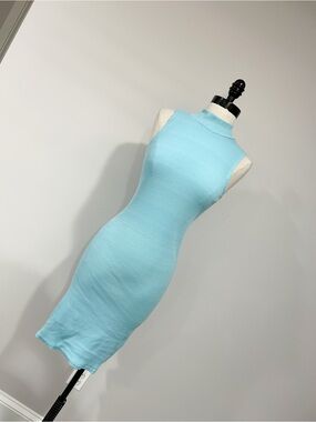 Sleeveless Light Blue Mock Neck Bodycon Dress